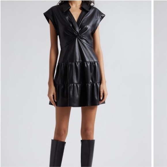 ✨NEW✨ Alice + Olivia Mila front twist Black Faux Leather Mini Dress size 6 - Picture 1 of 12